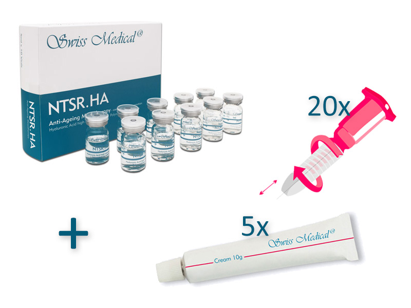 NTSR.HA Swiss Medical - Opakowanie (10x5ml) gratis 5x Swiss Sm Cream 10g i 20x Igły do mezoterapii 31G x 7mm regulowane 